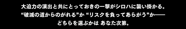 大迫力の演出と共にとっておきの一撃がシロハに襲い掛かる。“破滅の道からのがれる”か “リスクを負ってあらがう”か――どちらを選ぶかは あなた次第。