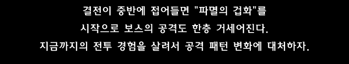 결전이 중반에 접어들면 파멸의 겁화 를 시작으로 보스의 공격도 한층 거세어진다.
지금까지의 전투 경험을 살려서 공격 패턴 변화에 대처하자.